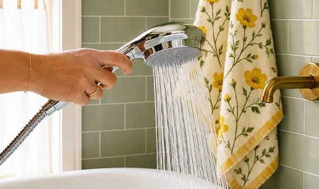 Une main tenant la pomme de douche Anespa d'où coule une eau adoucie, sur fond de carrelage vert sauge