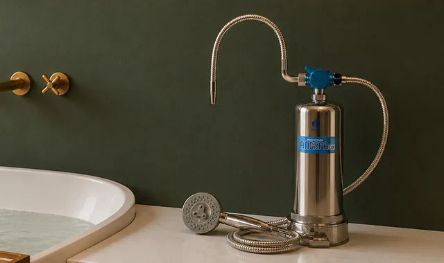 L'Anespa DX installé à côté d'une baignoire avec sa douchette