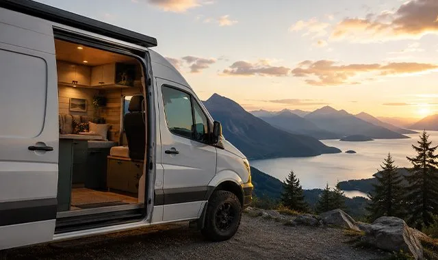 Un camping-car compact hors réseau garé en surplomb d'un lac de montagne au coucher du soleil