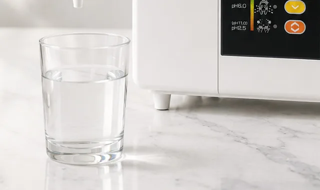 Un verre d'eau Kangen fraîche à côté du SD501DX